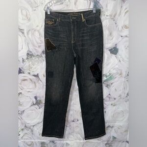 Ralph Lauren Womens Straight Leg Jeans Black Stretch Velvet Patch Embellished 10